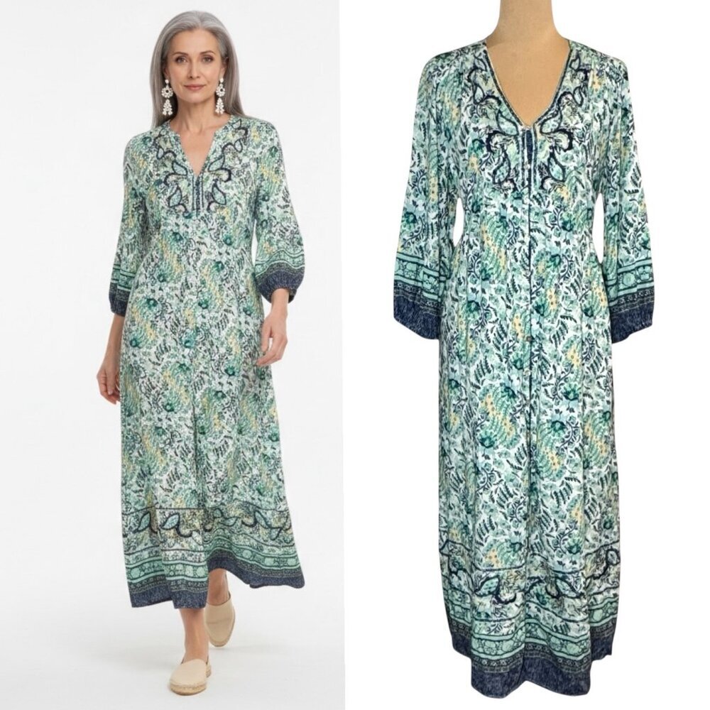 Embroidered Babydoll Maxi Dress Sz XL Floral Button Front Kaftan Boho Cottage